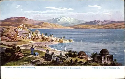 Künstler Ak Perlberg, F., Tiberias Israel, Panorama, See Genezareth
