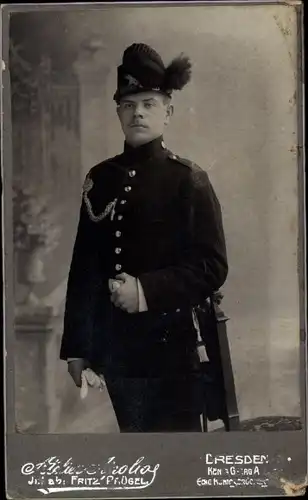 CdV Soldat, Kaiserreich, Uniform, Standportrait, Schützenschnur, Dresden