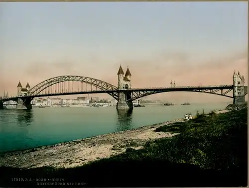 Foto 1900, Bonn am Rhein, Rheinbrücke, Stadtsilhouette, Ufer, Schiffe
