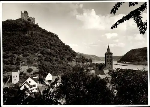 Foto Wellmich am Rhein Sankt Goarshausen, Blick auf den Ort mit Burg Maus und Pfarrkirche