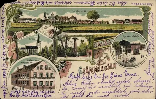 Ak Gräfenhausen Birkenfeld in Württemberg, Kirche, Rathaus, Schule, Gasthaus