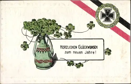Präge Wappen Ak Glückwunsch Neujahr, Blumenvase, Glücksklee, Eisernes Kreuz