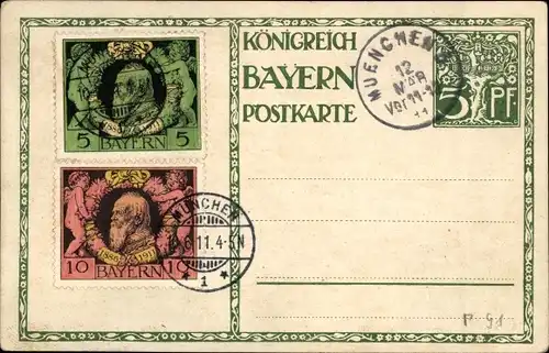 Ganzsachen Künstler Ak Diez, M., Prinzregent Luitpold von Bayern 1911, 5 Pfennig