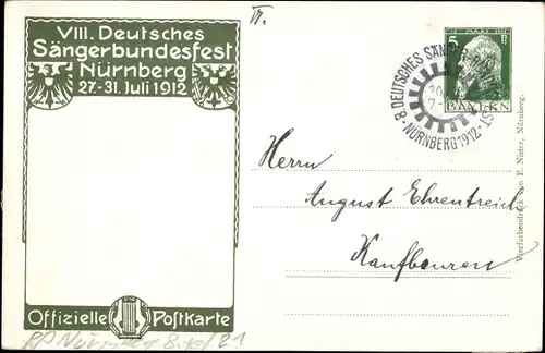 Ganzsachen Künstler Ak Nürnberg in Mittelfranken, 8. Dt. Sängerbundesfest 1912, Burg