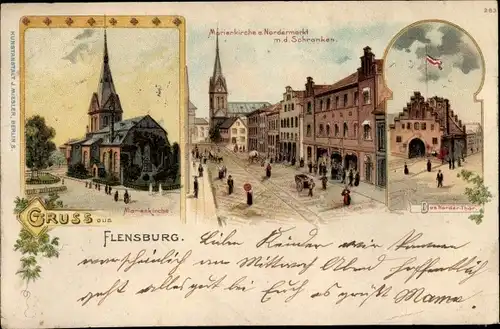 Litho Flensburg in Schleswig Holstein, Nordertor, Nordermarkt mit den Schranken, Marienkirche