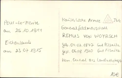 Ak Generaloberst Remus von Woyrsch, Portrait in Uniform, Orden