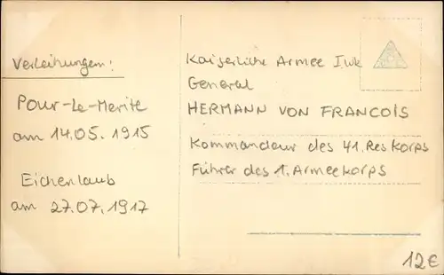 Ak General Hermann von François, Uniform, Orden, Portrait