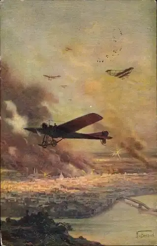 Künstler Ak Beraud, N., Französische Kampfflugzeuge, Luftkampf, Blick auf brennende Stadt, I. WK