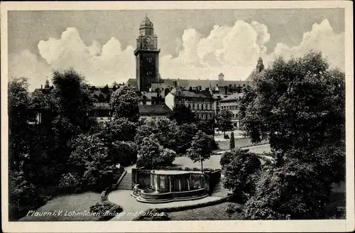 Ak Plauen Vogtland, Blick auf die Lohmühlen Anlage mit Rathaus, Brunnen