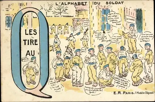 Buchstaben Ak Q, Alphabet du Soldat, Les Tire au Q, französische Soldaten