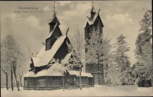 Ak Karpacz Górny Brückenberg Krummhübel Riesengebirge Schlesien, Kirche Wang, Winter