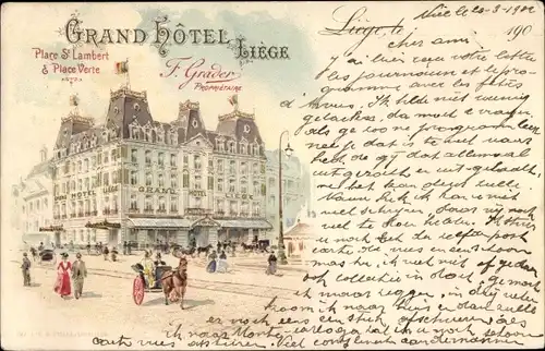Litho Liège Lüttich Wallonien, Grand Hotel, Place St. Lambert, Place Verte
