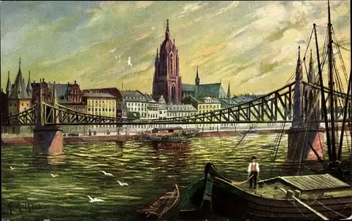 Künstler Ak Rothgeb, Frankfurt am Main, Eiserner Steg, Dreikönigskirche, Teilansicht