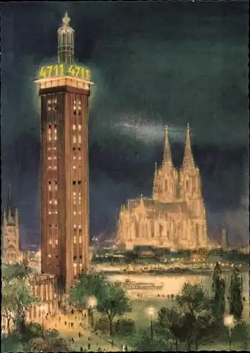 Ak Köln am Rhein, Wahrzeichen von Köln, Messeturm, Dom, Nachtansicht