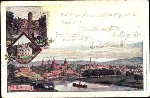 Künstler Ak Aschaffenburg in Unterfranken, Panorama, Burg, Schiff