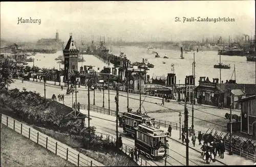 Ak Hamburg Mitte St. Pauli, Landungsbrücken, Straßenbahn, Hafen