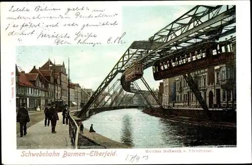 Ak Wuppertal, Schwebebahn Barmen-Elberfeld, Werther Bollwerk und Uferstraße