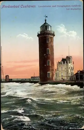 Ak Nordseebad Cuxhaven, Leuchtturm mit Telegrafengebäude bei Sturmflut