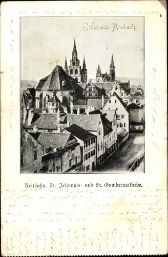 Ak Ansbach in Mittelfranken Bayern, Reitbahn, St. Johannis- und St. Gumbertuskirche