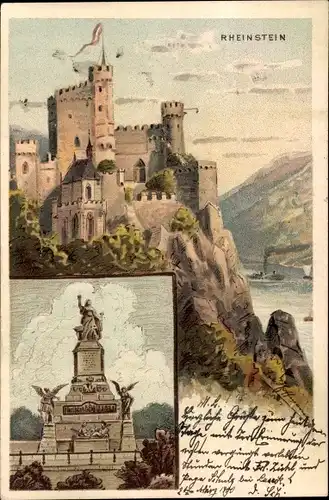 Künstler Litho Trechtingshausen am Rhein, Burg Rheinstein, Niederwald Denkmal