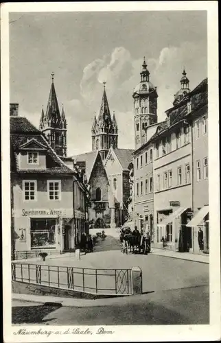 Ak Naumburg an der Saale, Blick auf den Dom, Spirituosen und Weinhandel, Kutsche