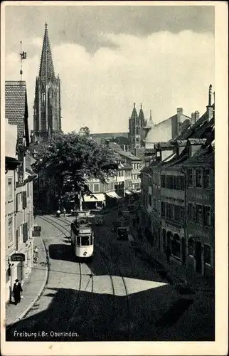 Ak Freiburg im Breisgau, Blick zu Oberlinden, Straßenbahn Linie 3