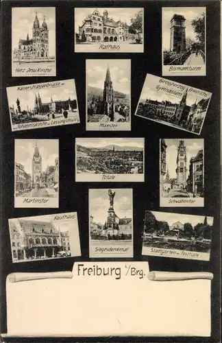 Ak Freiburg im Breisgau, Stadtansichten, Münster, Herz Jesu Kirche, Bismarckturm, Festhalle, Rathaus