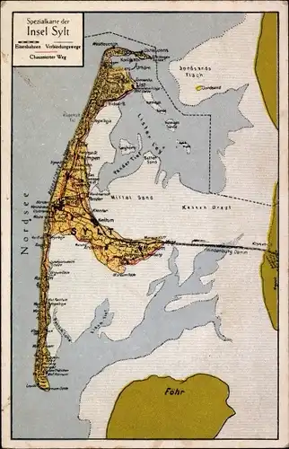 Landkarten Ak Sylt in Nordfriesland, Föhr, Nordsee, Hindenburgdamm