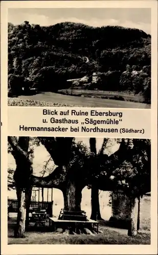 Ak Hermannsacker in Thüringen, Blick auf Ruine Ebersburg, Gasthaus Sägemühle