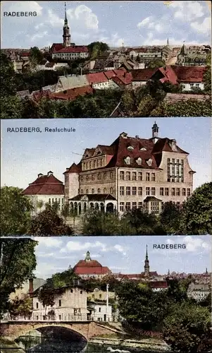 Ak Radeberg in Sachsen, Teilansichten, Realschule, Brücke, Kirchturm