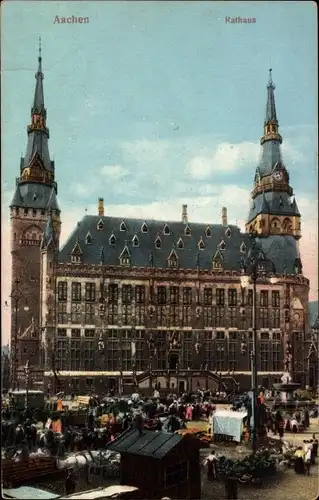 Ak Aachen in Nordrhein Westfalen, Rathaus, Markt, Brunnen