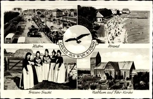 Ak Wyk auf Föhr Nordfriesland, Hafen, Strand, Friesen Tracht, Nieblum auf Föhr Kirche