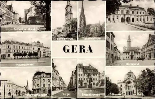 Ak Gera in Thüringen, Johanniskirche, Kornmarkt, Hauptbahnhof, Simsonsbrunnen, Sorge