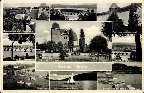Ak Delecke Möhnesee in Westfalen, Strandbad, Bootshafen, Sperrmauer, Haus Summermann
