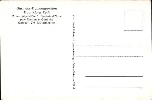 Ak Birkenfeld an der Nahe, Gasthaus-Fremdenpension, Huyets-Sägemühle