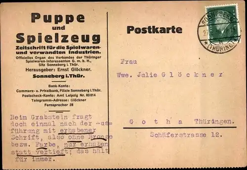 Ak Sonneberg Thür., Zeitschrift Puppe und Spielzeug, Spielwarenindustrie, Herausgeber Ernst Glöckner