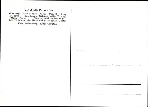 Ak Nürnberg in Mittelfranken, Park Cafe Rennbahn, Reichsdorfer Keller