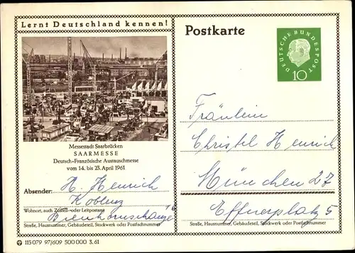 Ganzsachen Ak Saarbrücken a.d. Saar, Deutsch Französische Austauschmesse 1961