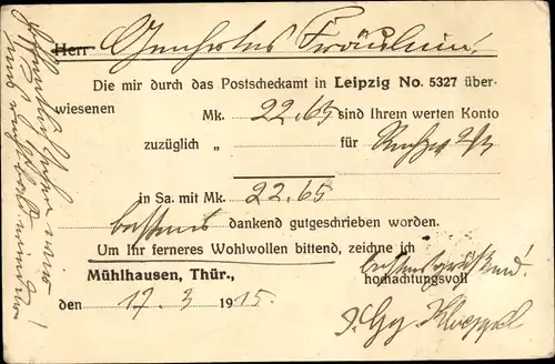 Ak Mühlhausen in Thüringen, Quittung, Überweisung Postscheckamt Leipzig No. 5327