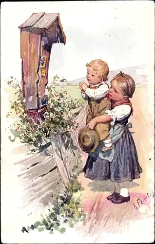 Künstler Ak Feiertag, Karl, Kinder beten an einem Wegkreuz