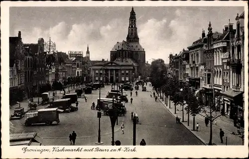 Ak Groningen Niederlande, Vischmarkt met Beurs en A-Kerk