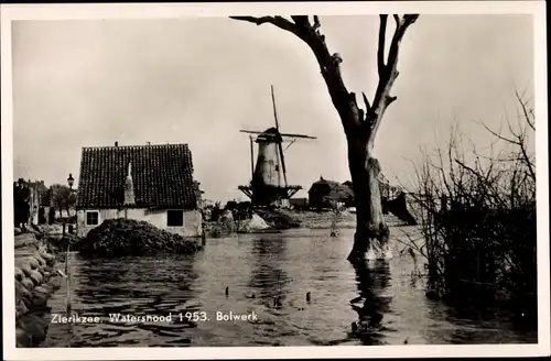 Ak Zierikzee Zeeland Niederlande, Watersnood 1953, Bolwerk, Windmühle
