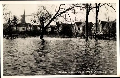 Ak Zierikzee Zeeland, Watersnood 1953, Driekoningenlaan, Molen