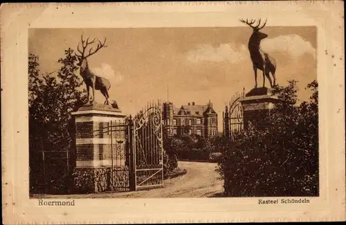 Ak Roermond Limburg Niederlande, Kasteel Schöndeln, Toreinfahrt, Hirschskulpturen
