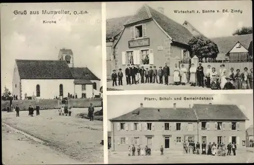 Ak Munwiller Munweiler Haut Rhin, Kirche, Wirtschaft zur Sonne, Pfarrhaus