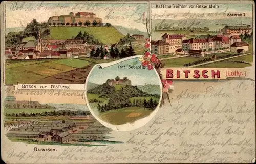 Litho Bitche Bitsch Lothringen Moselle, Kaserne Freiherr von Falkenstein, Baracken, Festung