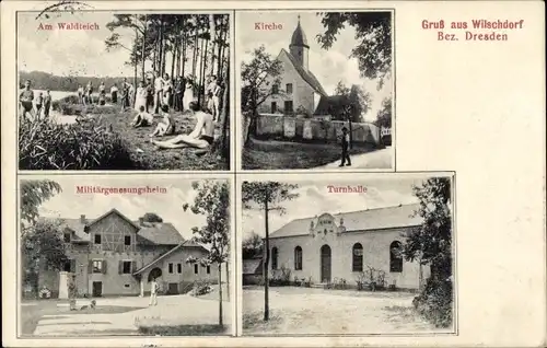 Ak Dresden Klotzsche Wilschdorf, Kirche, Waldteich, Turnhalle, Militärgenesungsheim