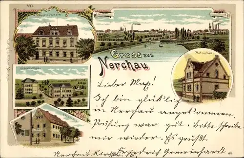 Litho Nerchau Grimma in Sachsen, Wiesenbad, Stadthaus, Postamt