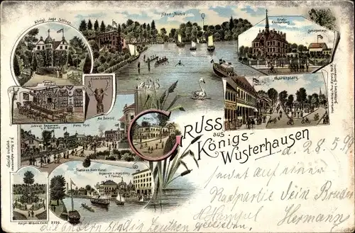 Litho Königs Wusterhausen in Brandenburg, Neue Mühle, Kreiskrankenhaus, Schützenhaus, Marktplatz