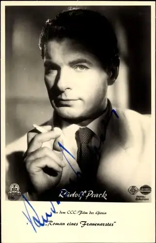 Ak Schauspieler Rudolf Prack, Portrait, Autogramm, Zigarette, Film Roman eines Frauenarztes